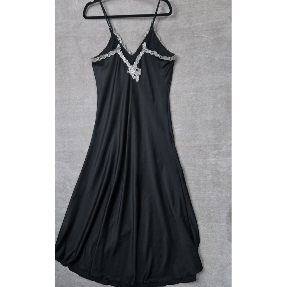 Satin Slip Dress‎ Large Black Maxi Whimsigoth Romantic Feminine Lace Valentines